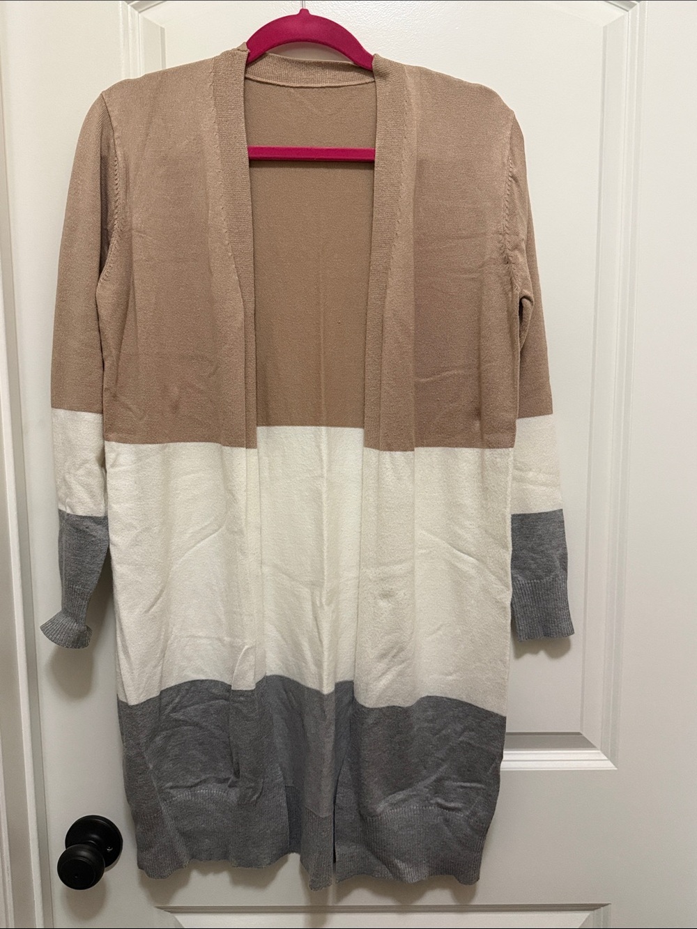 Colorblock Open-Front Women's Cardigan - Beige, White & Gray